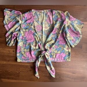 Floral tie front wrap blouse